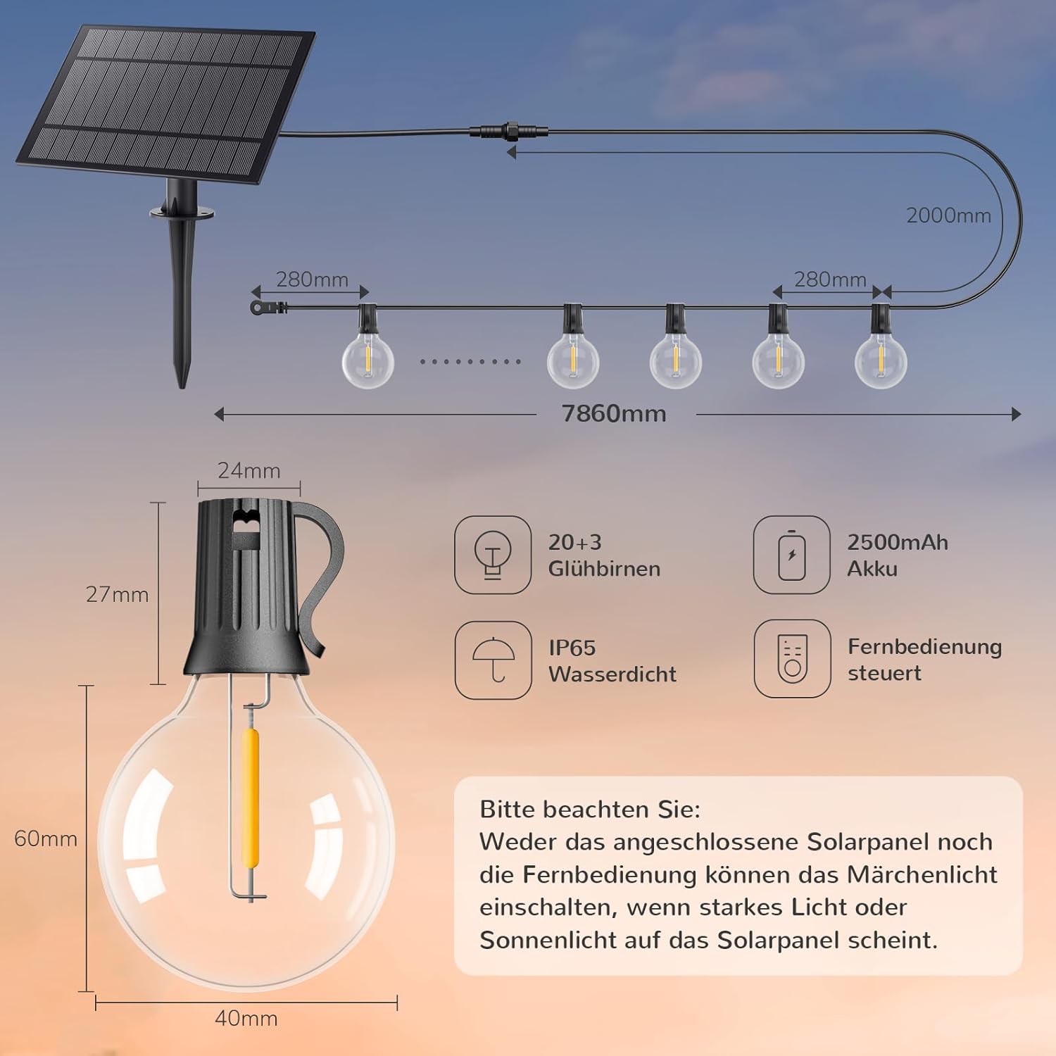 Ehaho Lichterkette Außen Solar | 7.6M 20+3 LED G40 Solar Lichterkette